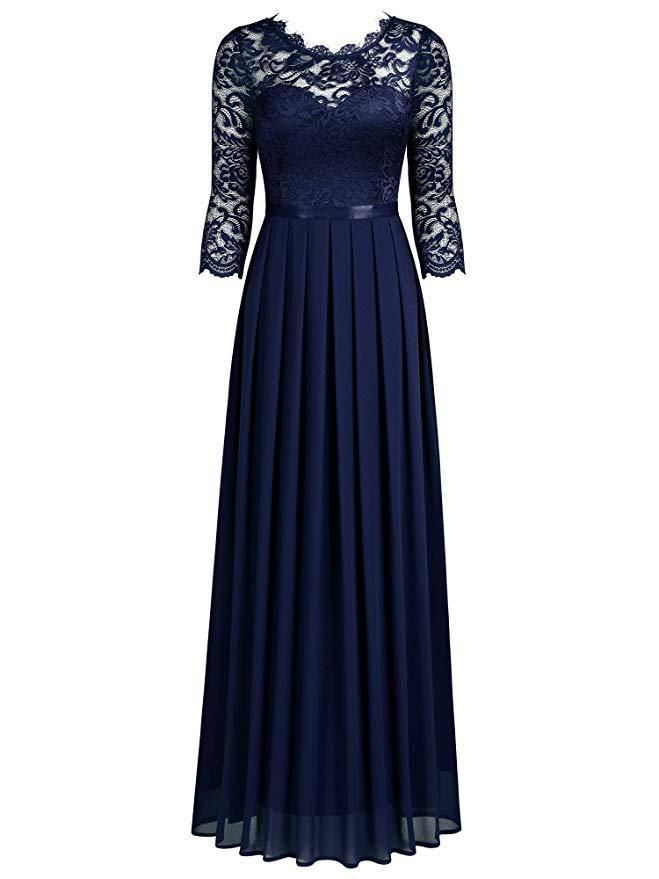 Abbigliamento Donna Abito in Chiffon Girocollo Pizzo Abito Lungo Abito da Sera per Donna_voghion.com