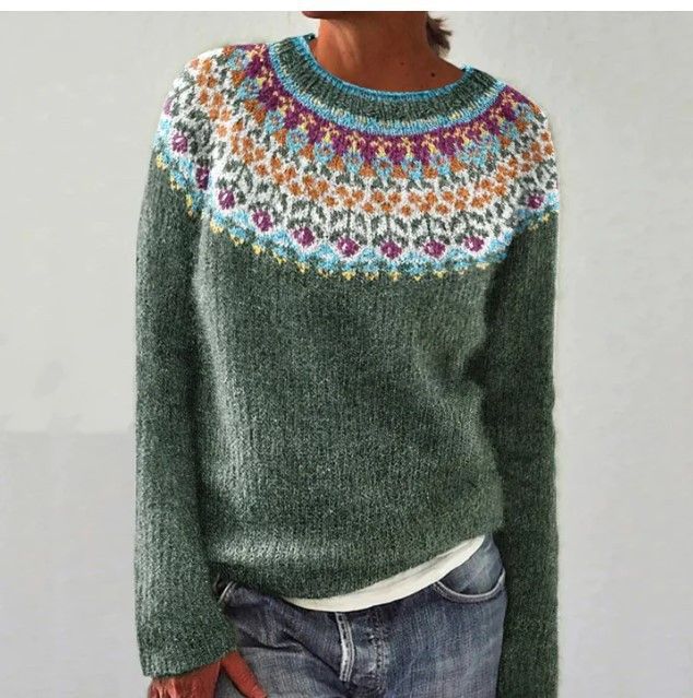 Damenbekleidung, modischer Strickpullover mit Rundhalsausschnitt, Farbblock, lockere Passform, lässige Oberteile_voghion.com