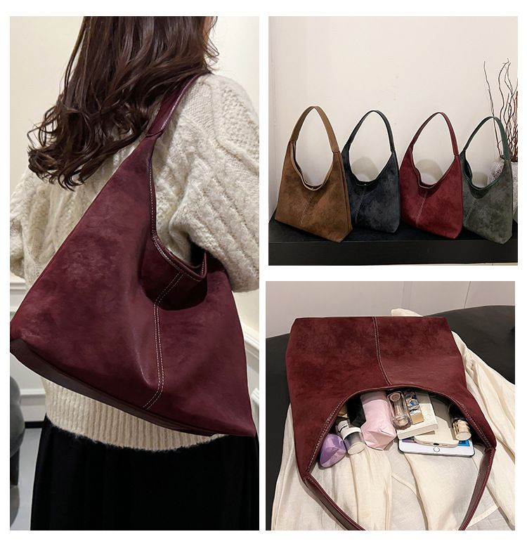 Borse a tracolla grandi Hobos da donna popolari in tinta unita, borse a secchiello retrò smerigliate, borse tote casual per donna_voghion.com