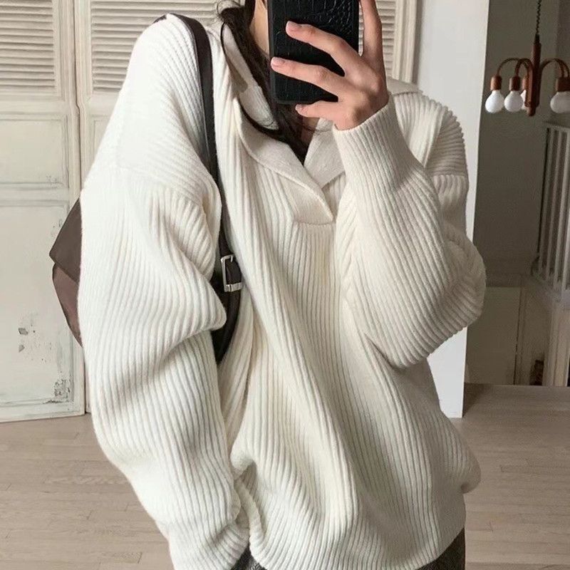 Maglione lavorato a maglia con scollo a V in stile coreano da donna, a maniche lunghe, vestibilità ampia, casual._voghion.com
