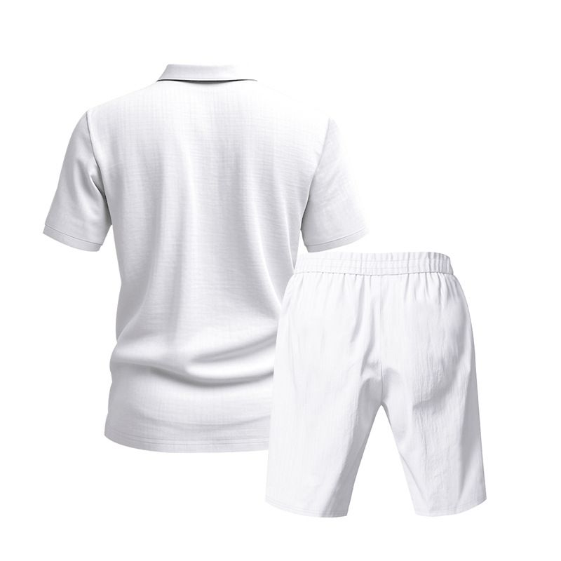 Ensemble polo et short de plage à manches courtes pour homme, style américain, ample, décontracté, respirant, en lin_voghion.com