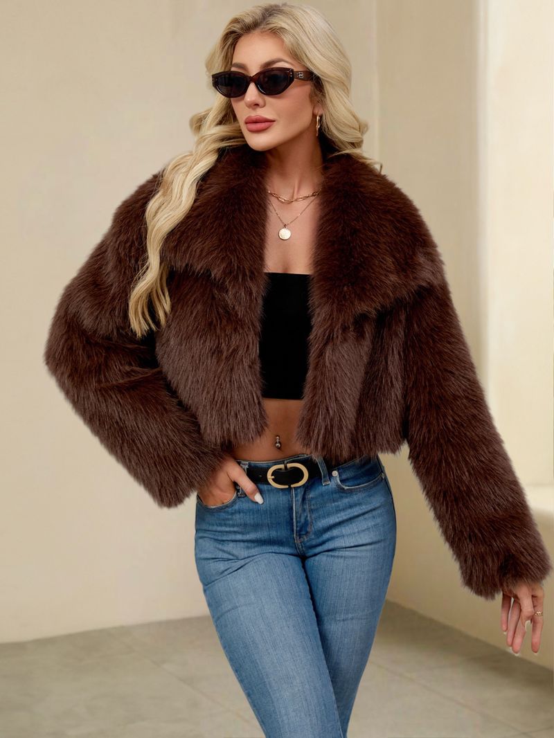 Giacca da donna con collo in pelliccia sintetica – Cappotto corto in peluche con revers alto | Lussuosa e calda (S-XXXL)_voghion.com