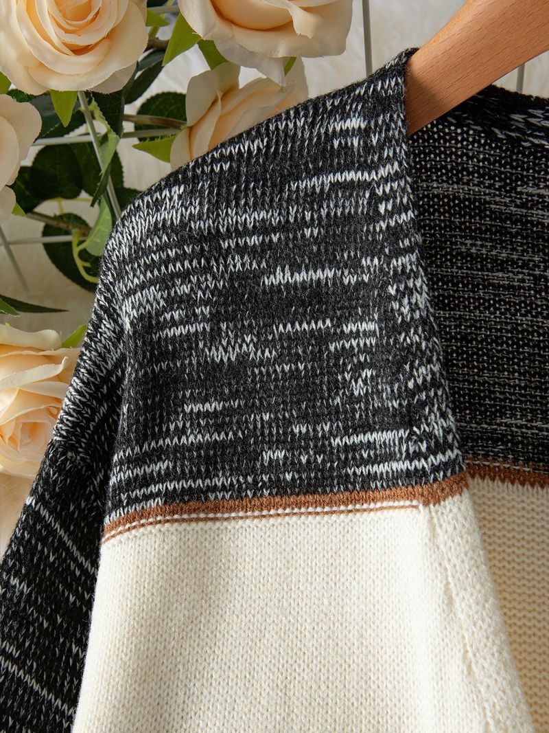 Women's Longline V-Neck Cardigan - Stripe & Color-Block Open Front Knit Sweater (Gray)_voghion.com