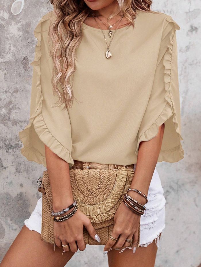 Damenbekleidung Neues reines Farbtemperament Vielseitiges Chiffonhemd Damenmode Unregelmäßiges Oberteil mit Dreiviertelärmeln_voghion.com