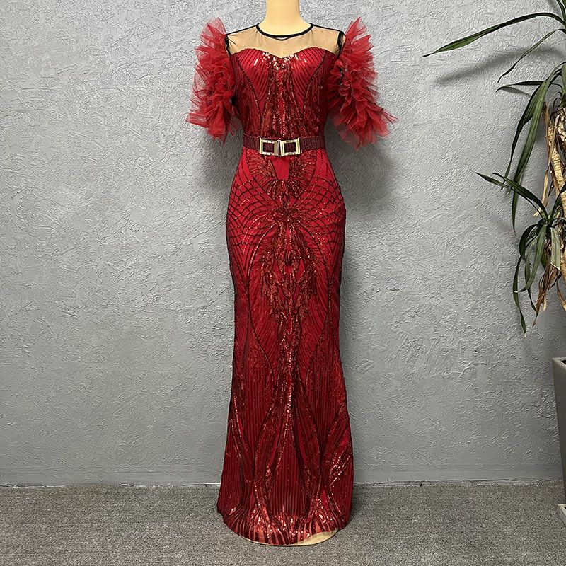Paillettenkleid für Damen, schmal geschnittener Fischschwanz-Langrock, Bubble-Mesh-Ärmel, modische Abendgarderobe_voghion.com