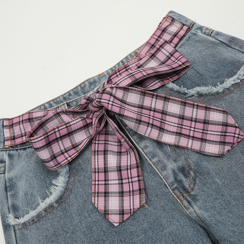 Irregular Patchwork Jeans For Men, Trendy Brand With Bow Belt Design, Niche Plaid Straight-Leg Pants_voghion.com