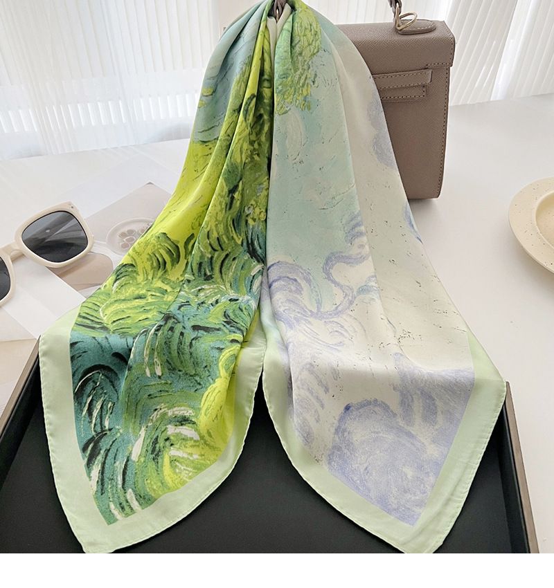 Fresh Green Oil Painting Printed Spring/Summer Fashion 70 Small Square Scarf Binding Headband Belt_voghion.com