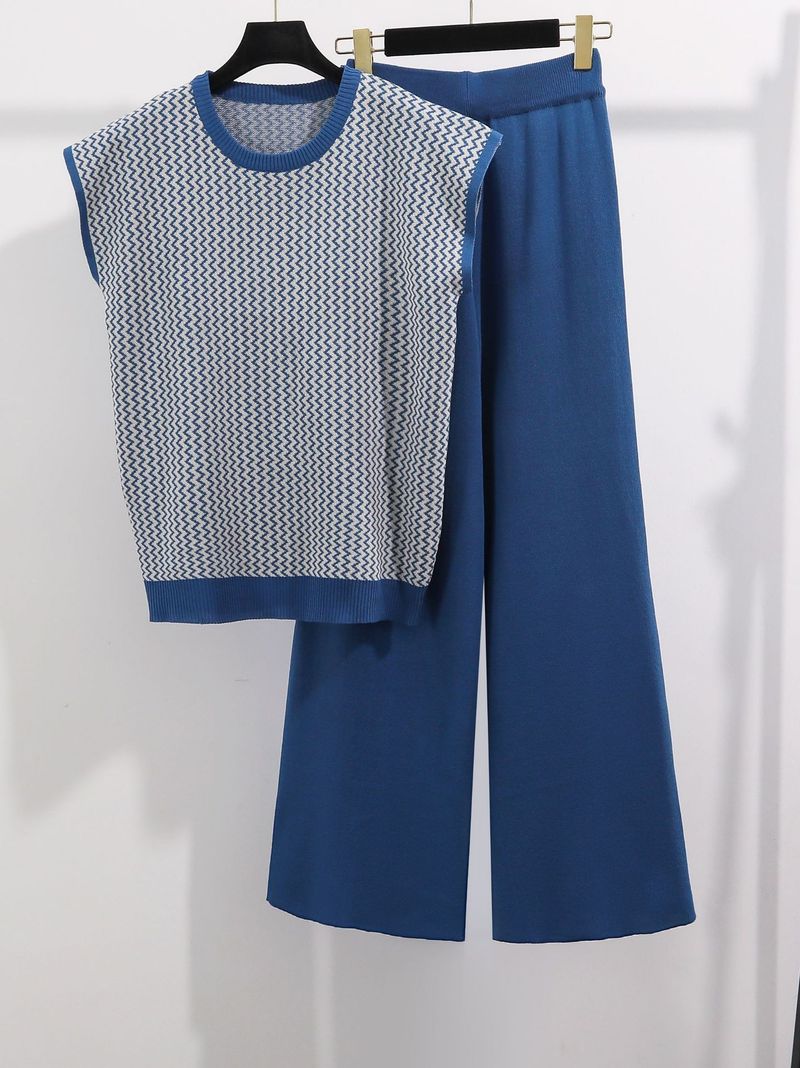 Gilet tricoté sans manches pour femmes, nouveau, simple, rétro, ample, haut, pantalon à jambes larges, costume deux pièces tricoté pour femmes_voghion.com