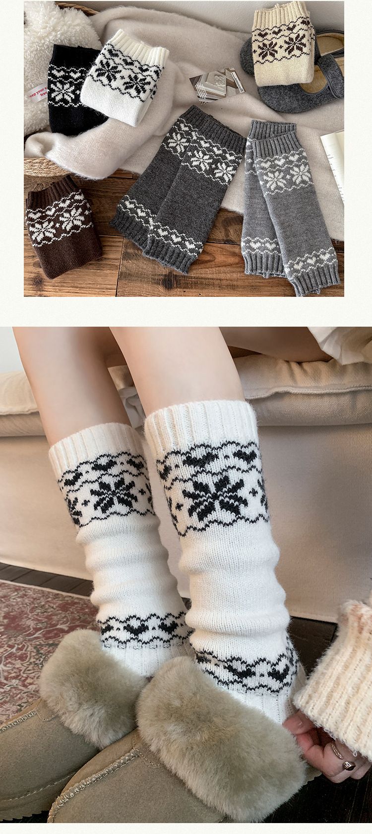 Calzini morbidi in maglia Fair Isle con motivo a fiocco di neve e fiocco, in caldo misto acrilico, altezza a metà polpaccio_voghion.com