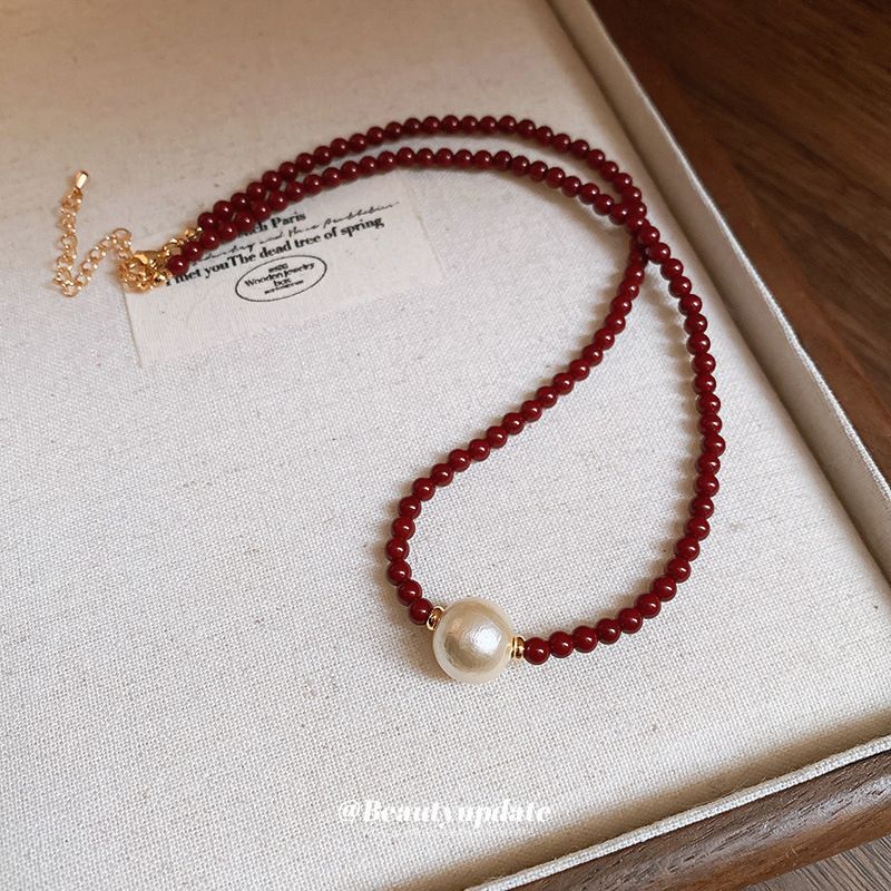 Real Gold Electroplated Ankela Red Glass Bead Necklace With High-end Feel, Autumn And Winter Collarbone Chain, Women's_voghion.com