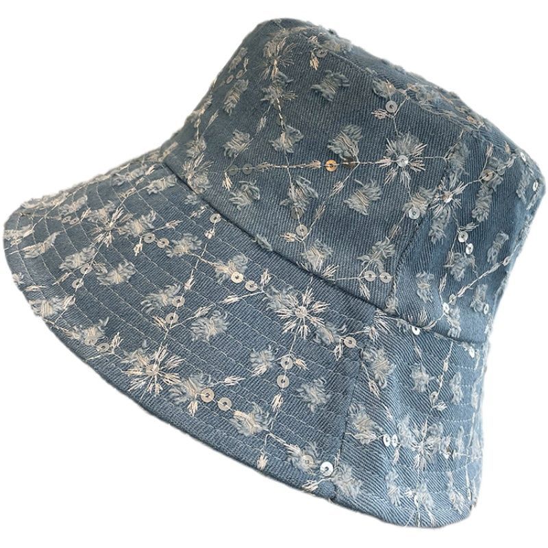 Sequined Denim Bucket Hat Women Spring Summer Casual Versatile Basin Hat Fashion Travel Embroidery Visor Hat Autumn_voghion.com