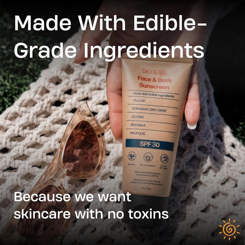 New Sky And Sol Natural Mineral Sunscreen SPF 30 Naturalny łój i tlenek cynku, bezpieczny dla raf, wodoodporny, nietłusta formuła do twarzy i ciała_voghion.com