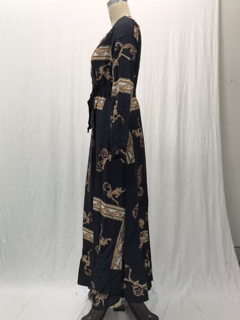2025 Summer New Women's Palace Style Printed Sleeve Split Waist Long Dress_voghion.com