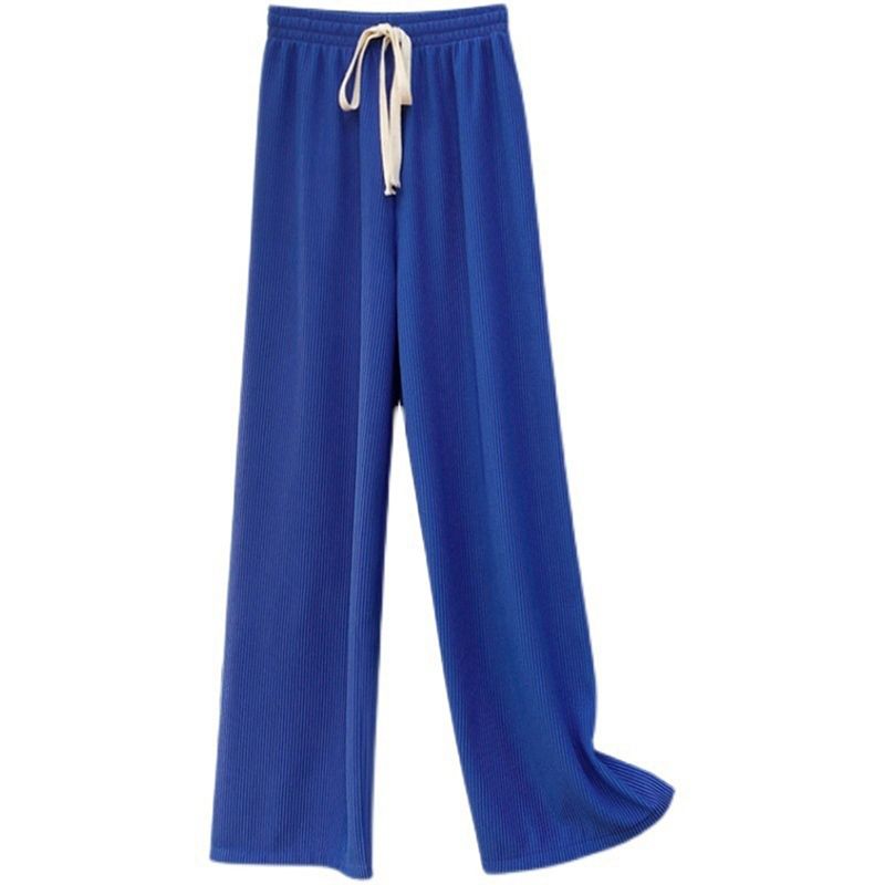 hot selling 2023 Women High Stretch Waist Wide Leg Pants Summer Drawstring Loose Long Rib Knitted Trousers_voghion.com