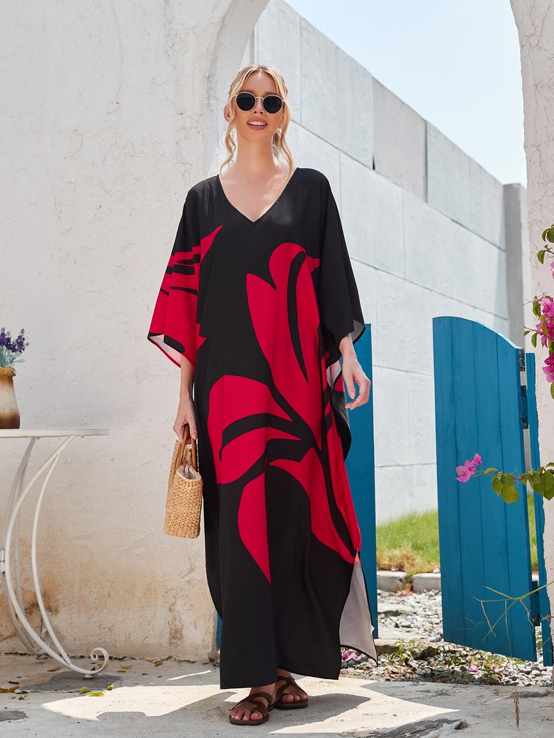 Überwurfkleid mit Fledermausärmeln im Bohemian-Print – Leichter Strandkimono für Damen, Bikini-Wickeltuch, Urlaubstunika in Übergröße, schnelltrocknendes Polyester_voghion.com