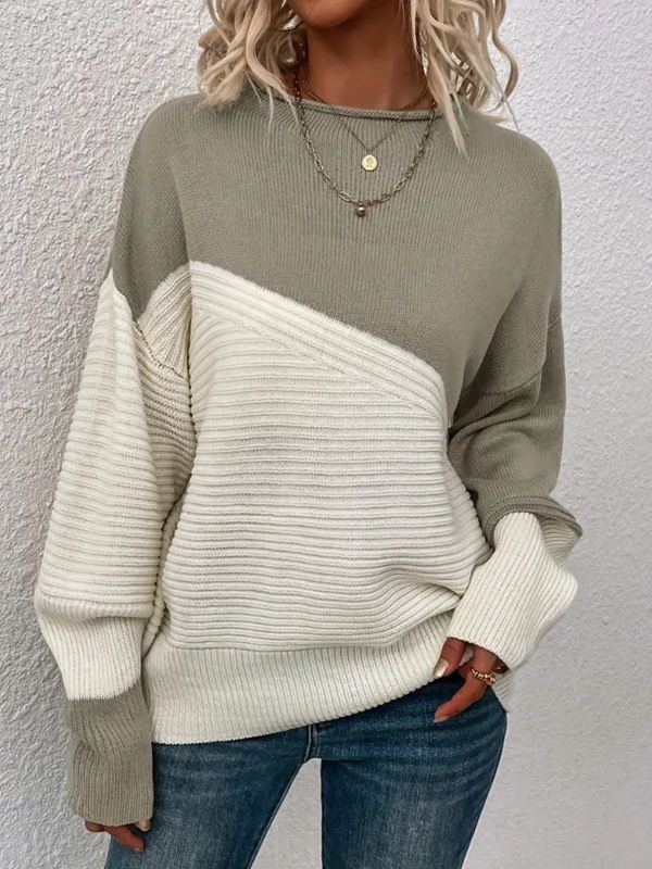 Women's Sweater Casual Loose Knitwear Color Matching Long Sleeve Round Neck Knitted Top_voghion.com