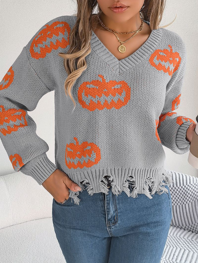 Autumn Winter Halloween Color-Block Pumpkin Cut Long Sleeve Pullover Sweater Women's Fashion_voghion.com