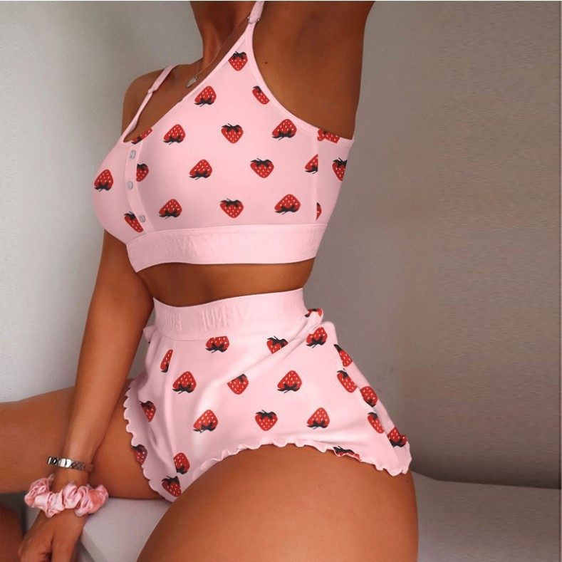 Women's fashionable printed suspenders two-piece set, cool, thin, tight and sweet home clothes_voghion.com