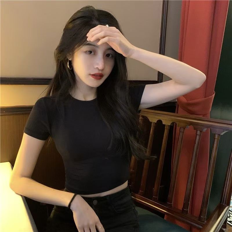 Maglietta a maniche corte con scollo rotondo e ombelico scoperto da donna, stile estivo, nuova vita in stile americano dolce e piccante_voghion.com