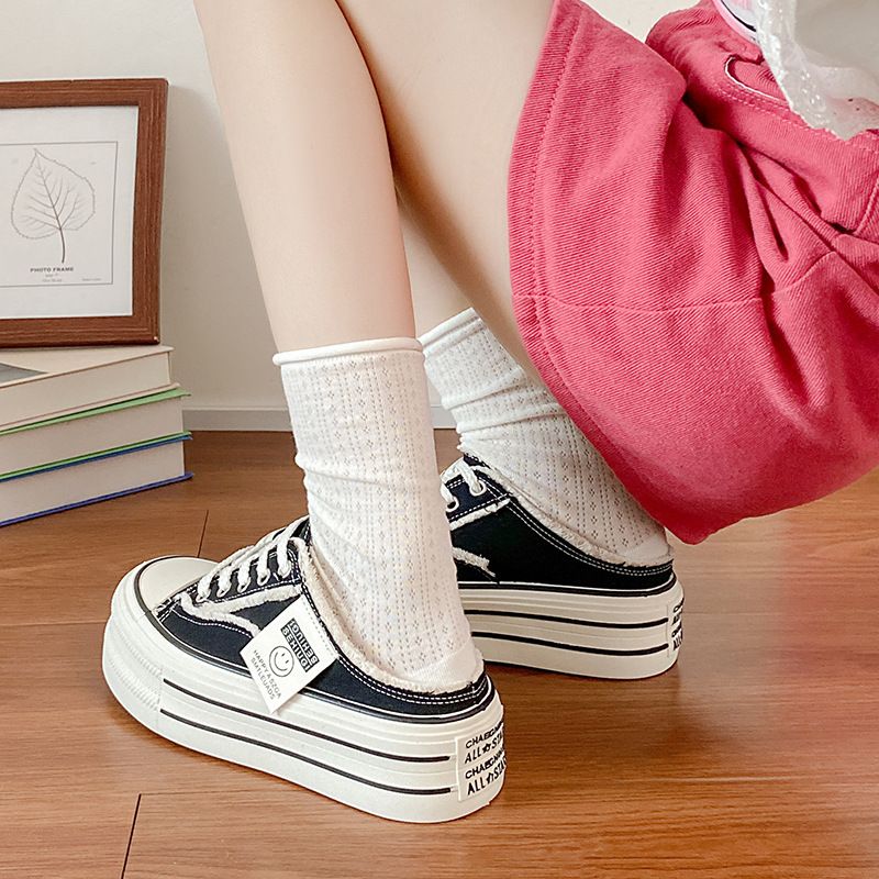 Geschlossene Canvas-Halbschuhe für Damen, Sommer 2025, neue, höhenverstärkende, lässige Schnürschuhe in Weiß_voghion.com