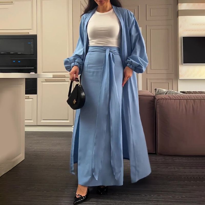 Luxury Satin Puff Sleeve Cardigan & Skirt Set – Elegant Two-Piece Robe With Adjustable Straps (Olive Green, XS-XXL)_voghion.com