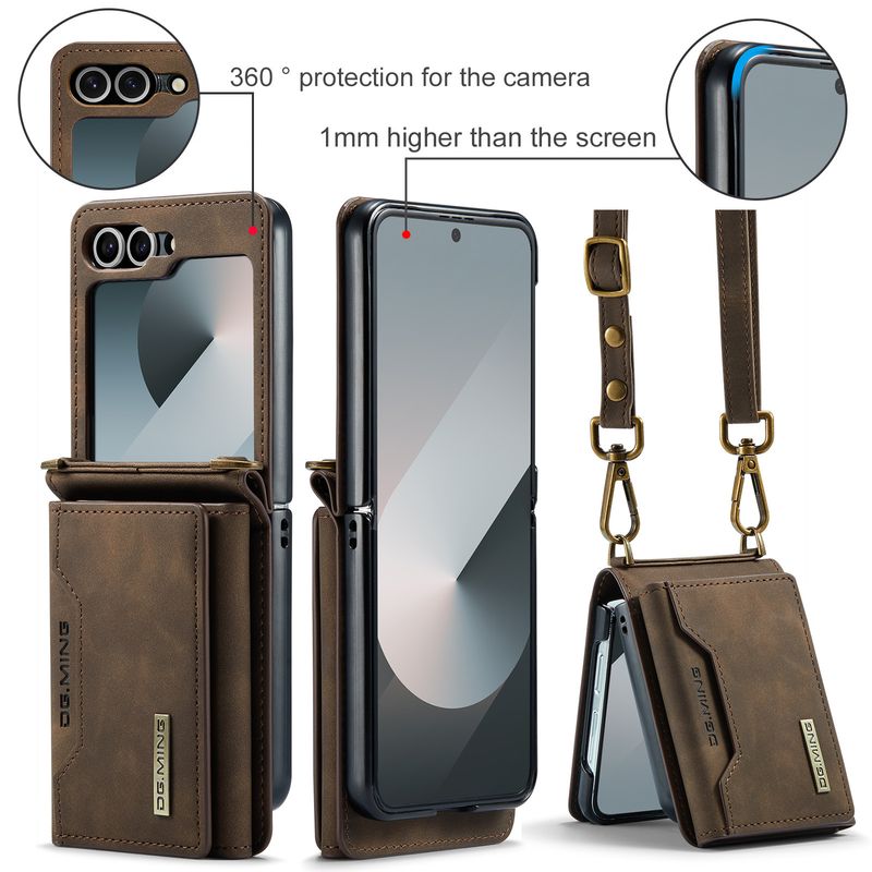 Custodia pieghevole M2 per Samsung Z Flip6 Custodia per telefono con portafoglio per carte Custodia protettiva in pelle con tracolla Z Flip6_voghion.com