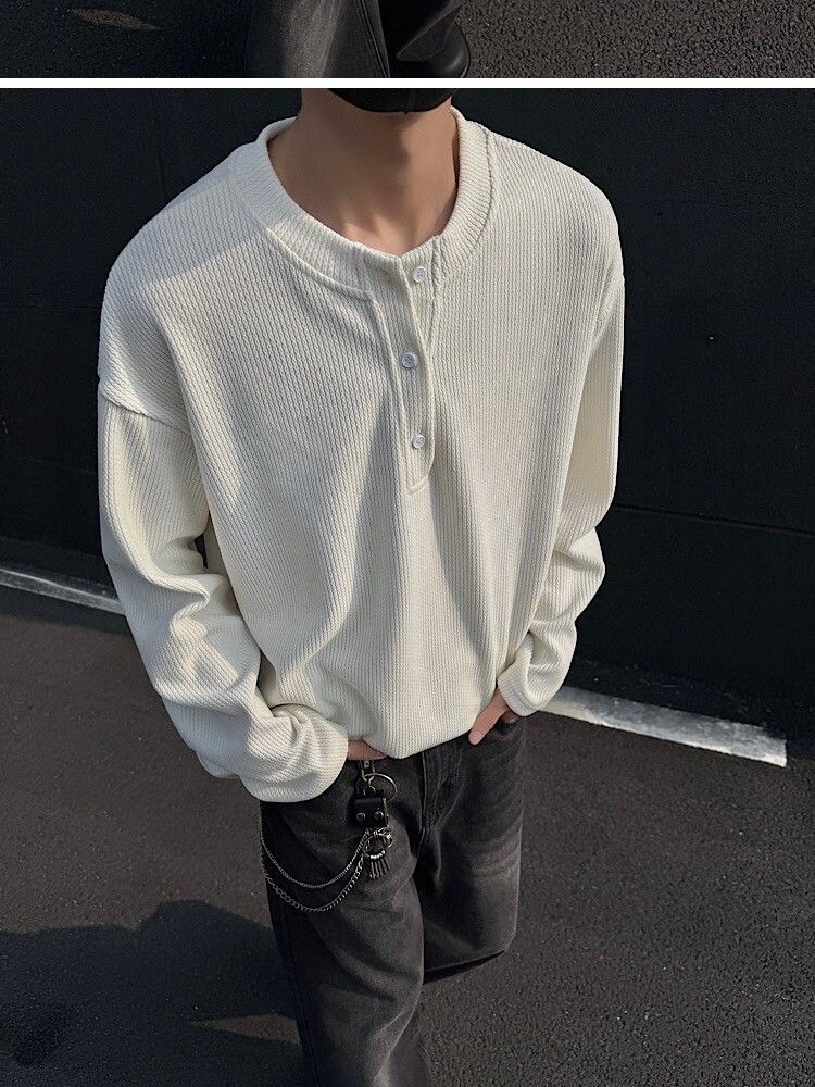 Herrenbekleidung Strukturiertes Langarm-T-Shirt Mehrlagiges Sweatshirt Einfarbiges Unterhemd_voghion.com