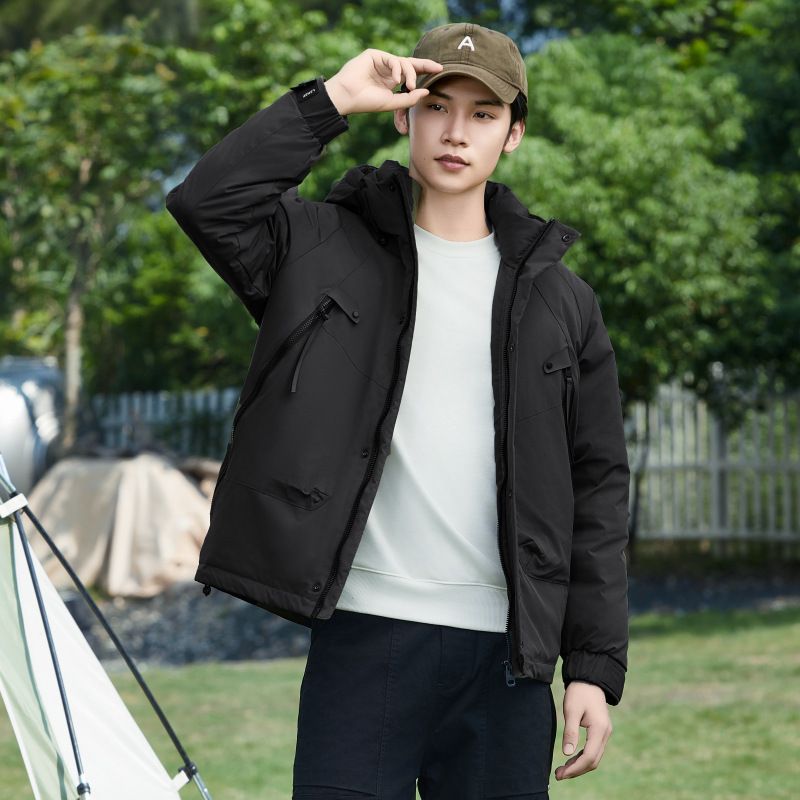 Giacca invernale da uomo in piumino tinta unita, calda, con cappuccio, casual, ampia, bianca, 2024_voghion.com