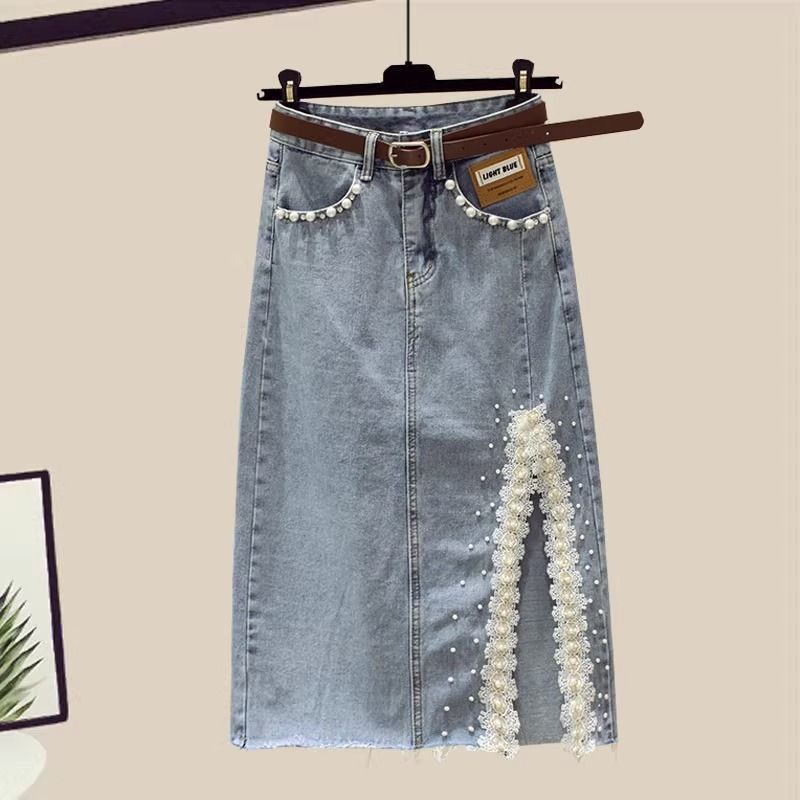 Damen Moud Short-sleeved Top Split Denim Rock Zwee-Stéck Set (Gürtel net abegraff)_voghion.com