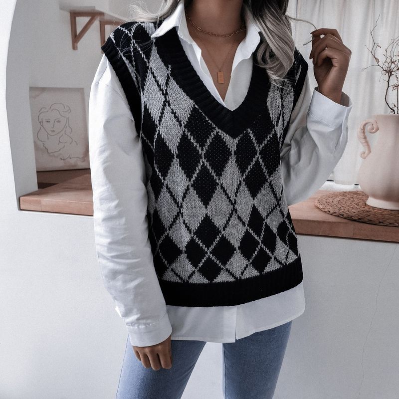 Vêtements pour femmes automne et hiver style collégial losange col en v décontracté gilet tricoté ample pull vêtements pour femmes_voghion.com