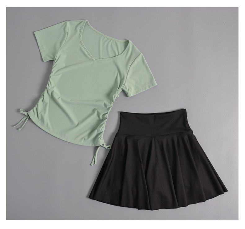 Ropa de yoga, camiseta de manga corta para mujer, top adelgazante con cordón, ropa de entrenamiento de pilates, ropa de fitness, falda plisada_voghion.com