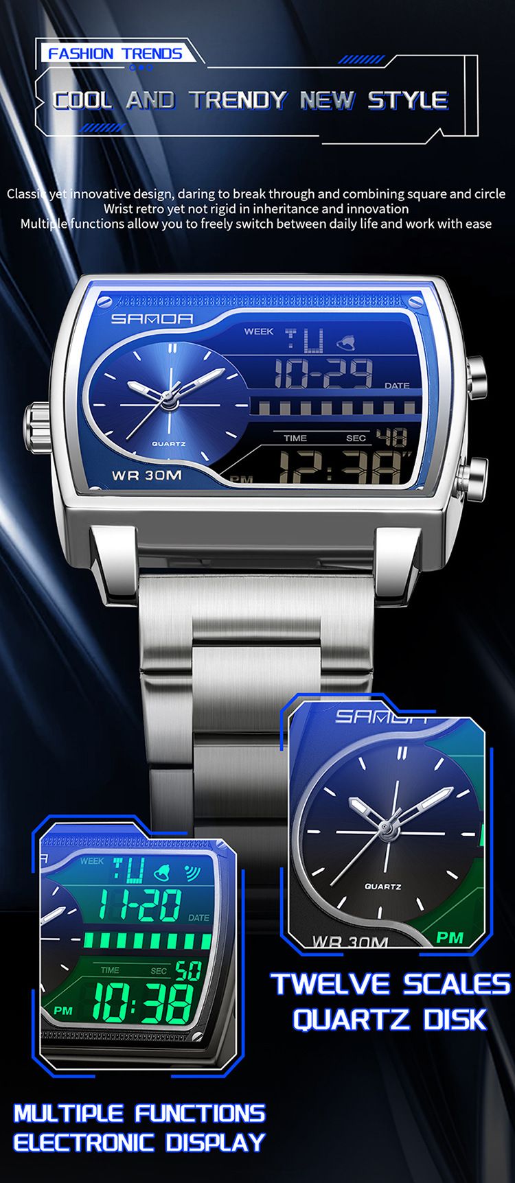 Montre carrée multifonction haut de gamme pour homme avec affichage lumineux, étanche à 30 m, double fuseau horaire et chronographe – Élégante pour le travail et les loisirs_voghion.com