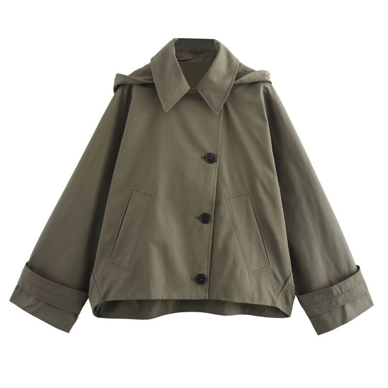 Trench monopetto con cappuccio e tasca a maniche lunghe, versatile, tinta unita, da donna, autunno nuovo_voghion.com