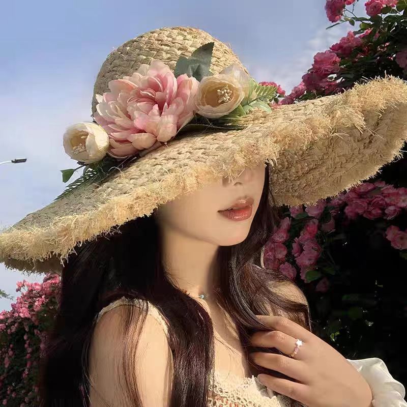 raffia Woven Women's Summer French Style Floral Beach Vacation Wide Brim Sun Hat_voghion.com