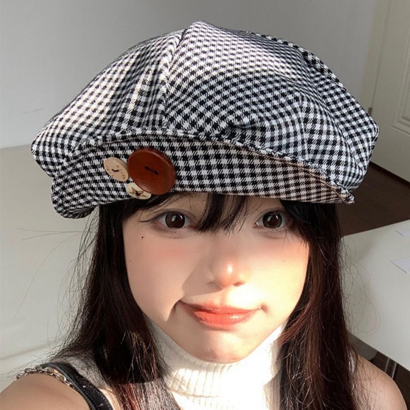 Cappello da artista coreano con nuvola, berretto con tesa pied de poule, design di nicchia, bottone che snellisce il viso letterario_voghion.com