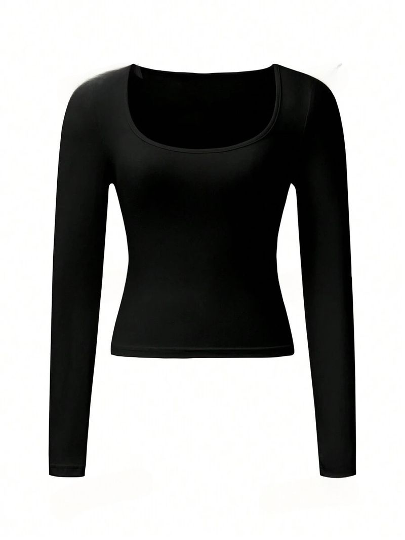 Women's Clothing Slim Fit Solid Color U Neck Long Sleeved Top_voghion.com