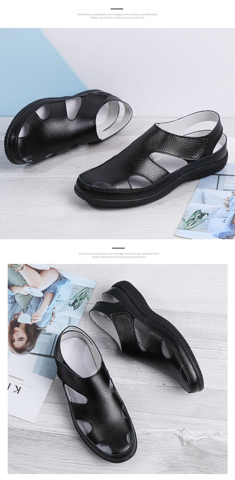 Sandalias de verano de piel auténtica para mujer, cómodas, con punta redonda y suela blanda hueca para mujer_voghion.com