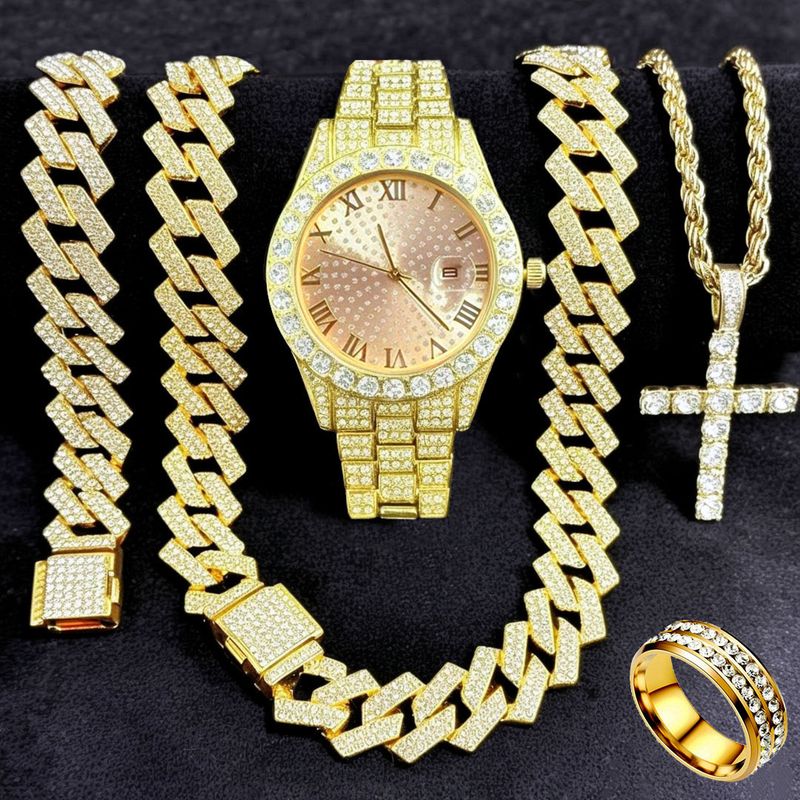 FENSIR Orologio al quarzo con diamanti e set di gioielli con catena a maglie cubane e ciondolo a croce - Accessori moda da 5 pezzi per uomo e donna_voghion.com