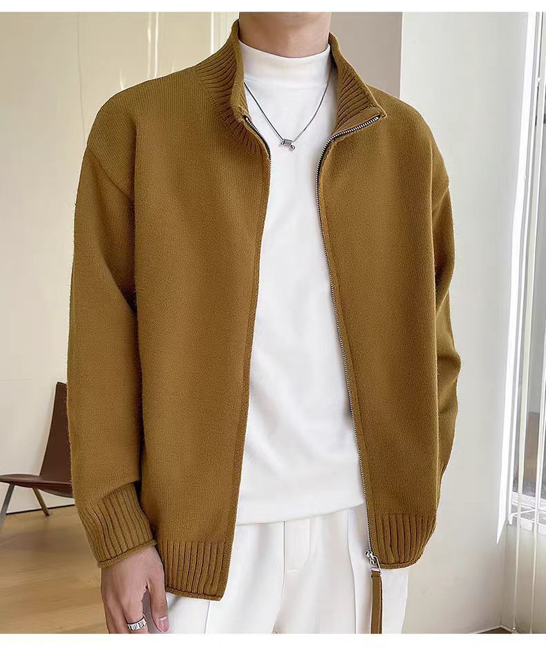 Men's British-Style Knit Jacket - Zip-Up Stand Collar Sweater (Black/Mustard/Green, M-XXXL)_voghion.com