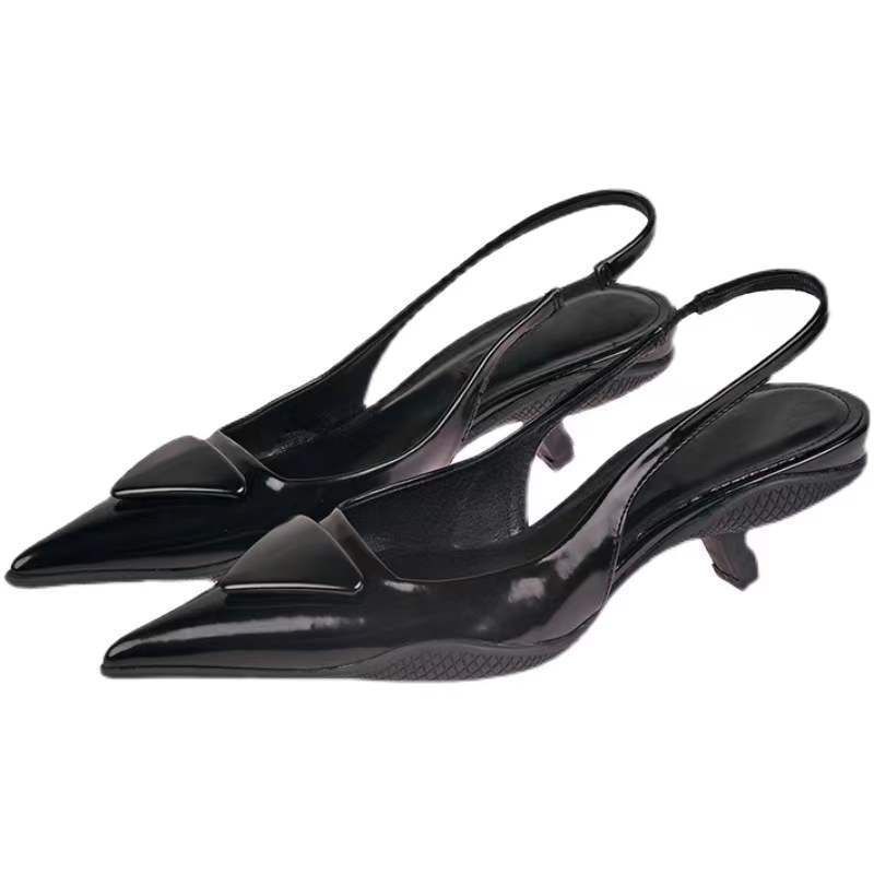 Anchor Letter Triangle Logo Heel Pointed Women's Stiletto Sandals Open Back Closed Toe High Heels_voghion.com