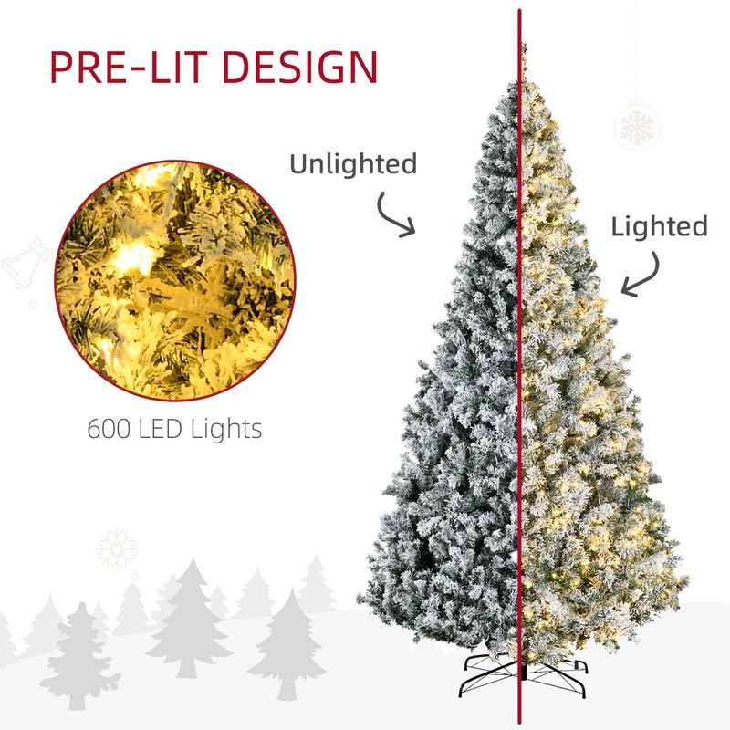 9ft Tall Prelit Artificial Christmas Tree Holiday Décor With 1868 Snow Flocked Branches, 600 Warm White LED Lights, Auto Open, Green_voghion.com