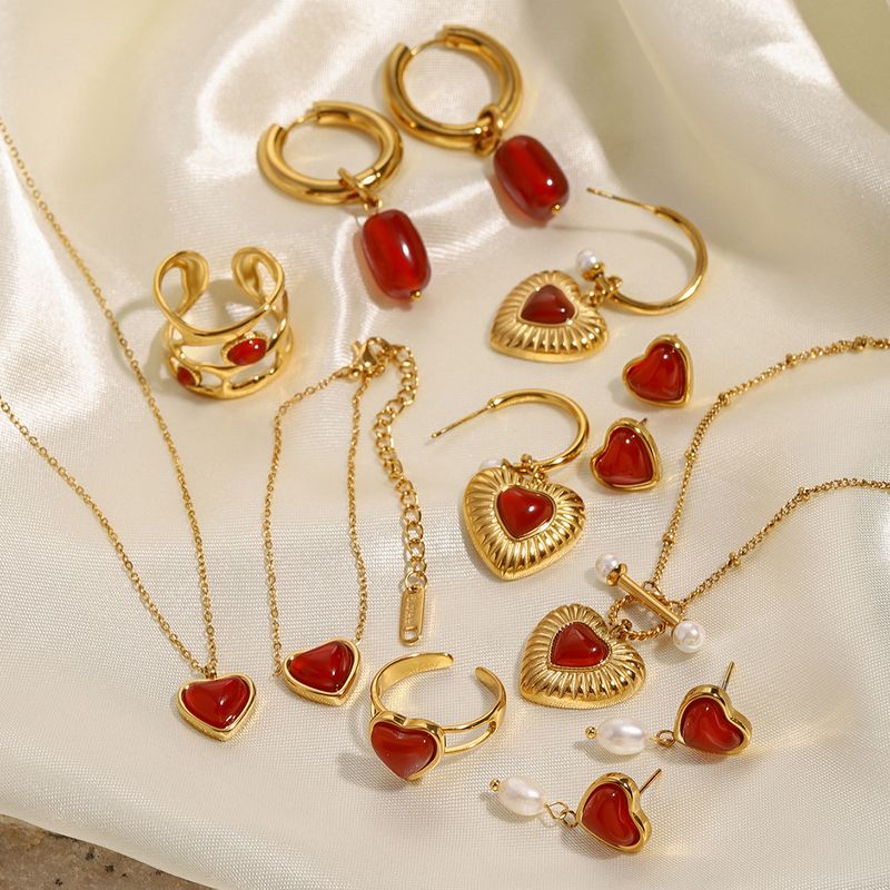 Collana elegante con ciondolo a forma di cuore da donna con agata rossa, catena in acciaio inossidabile, orecchini e anello coordinati, anello in stile minimalista Ins_voghion.com