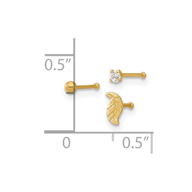 14K 22 Gauge Leaf, Ball And CZ Post Nose Set_voghion.com