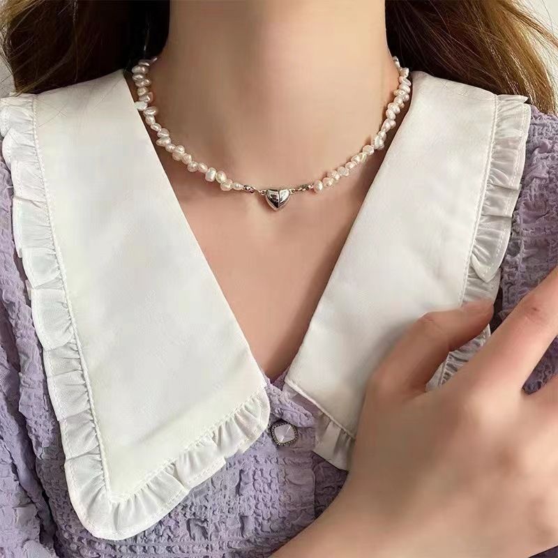 Baroque Style Freshwater Pearl Necklace For Women, Collarbone Chain, Korean Version, Heart Magnetic Clasp, Unique Niche_voghion.com