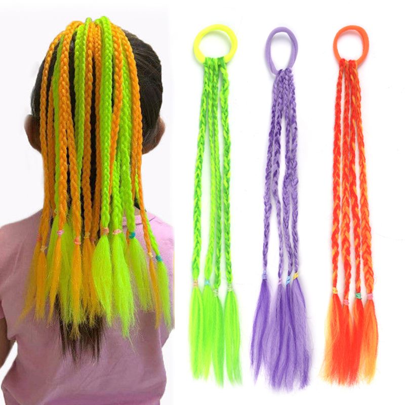 Lot de 5 extensions de cheveux en queue de cheval tressée arc-en-ciel de 30,5 cm avec bande élastique en caoutchouc, coiffure colorée pour enfants_voghion.com