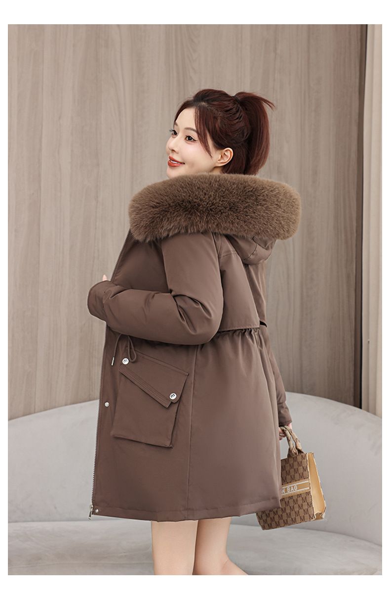 Women's Parka Coat With Detachable Faux Fur Hood, Mid-Length Winter Jacket For Ladies, Warm Quilted Polyester Outerwear With Rabbit Fur Trim_voghion.com
