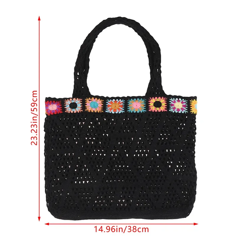 Bolsa de compras de crochê com flor, estilo hobo, para o verão, com alça de ombro em tricô, ideal para viagens e férias._voghion.com
