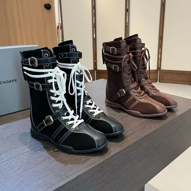 2025 Autumn Winter Cotton Rope Lace-up Back Zipper Boxing Women's Height-increasing Martin Buckle Short Boots_voghion.com