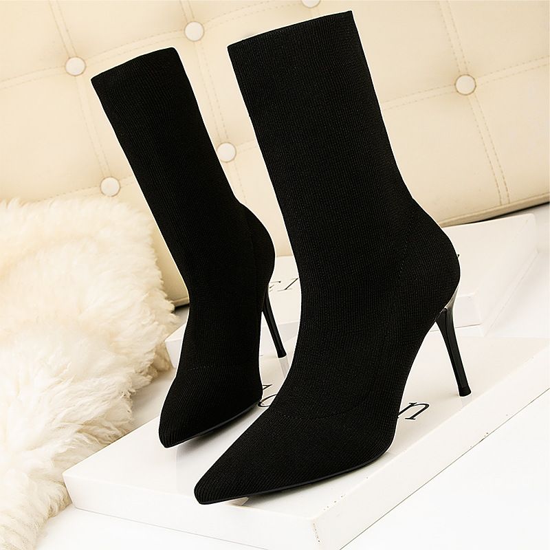 608-5 High Thin Heel Pointed Naked Solid Color Slim Fit Skinny Knitted Short Elastic Socks Boots_voghion.com