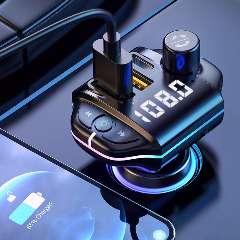 Auto Bluetooth 5.0 FM-Transmitter Dual USB Typ-C Ladegerät Drahtloser Freisprech-Audioempfänger MP3-Player Atmosphärenlichtadapter_voghion.com